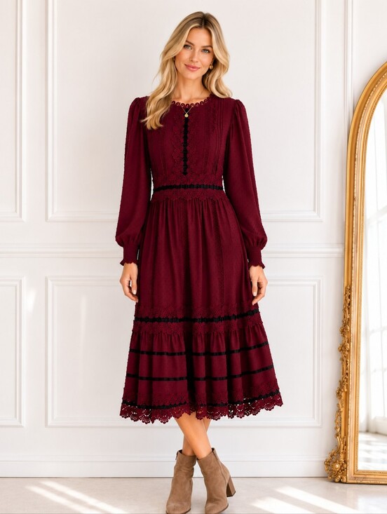 Just Me Dresses & Skirts - Just Me Burgundy Swiss Dot Lace Midi Dress Size Medium Long Sleeve Romantic